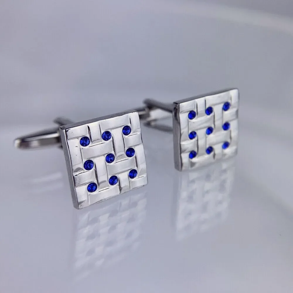 Blue Rhinestone Basket Weave Silver Tone Cufflinks Woven Modern Square VTG O1